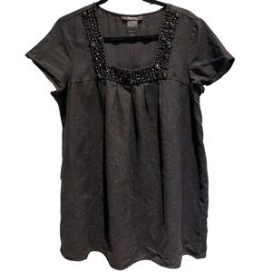 Style & Co Black Beaded Front 100% Linen Tunic Top
